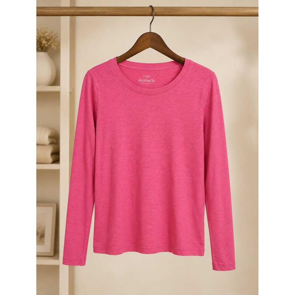 J.Crew Girlfriend Tee Pink Long Sleeve Crewneck 100% Cotton Size S Casual Basics